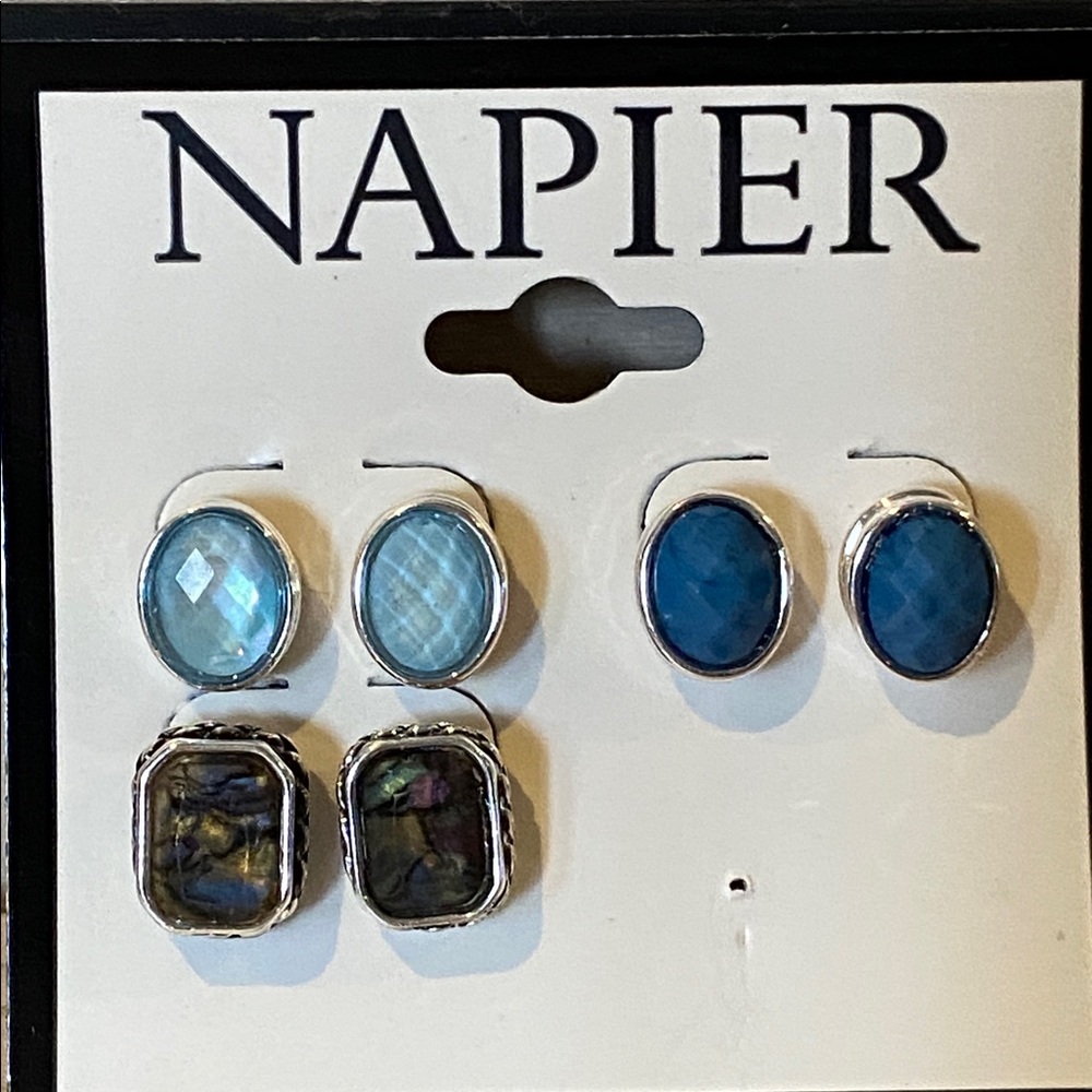 Napier Silver and Blue Faceted Earring Trio